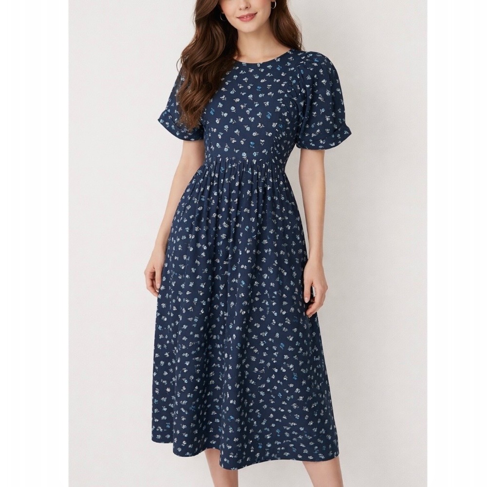 Likely London Navy Floral Puff Sleeve Midi Dress Size Small